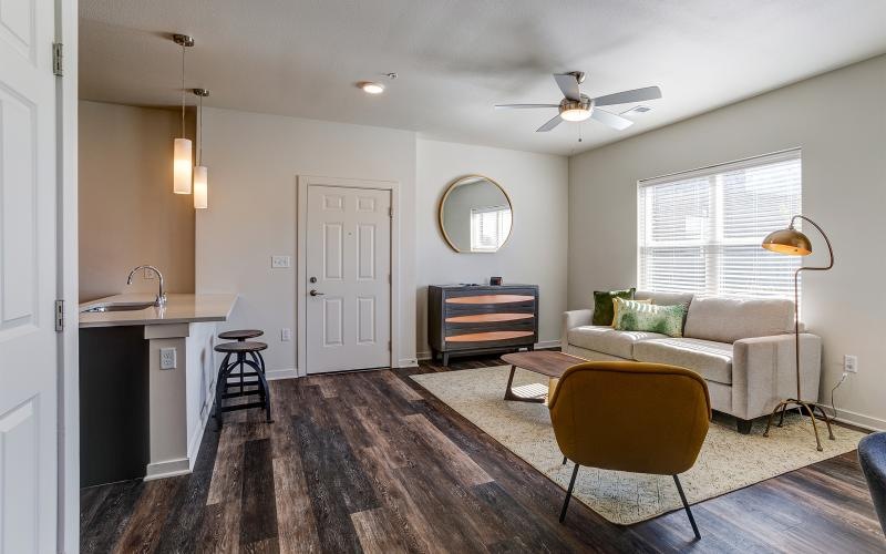 a living room with a couch and a table